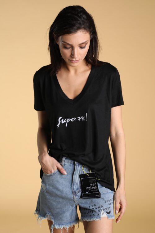 Black Designed Basic T Shirt  HI