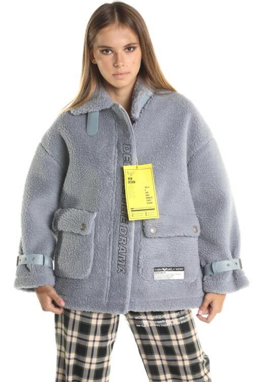 Gray Light Blue  Designed Faux Fur Coat  DRAMA