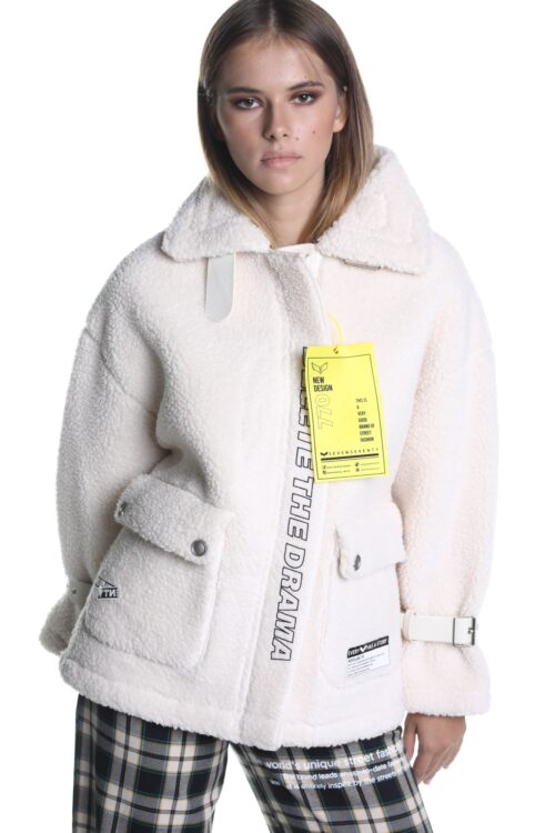 Pearl White Designed Faux Fur Coat  DRAMA