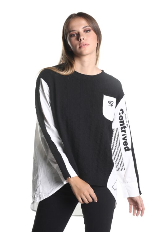 Black And White  Long Sleeves Wide Knit and Cotton Top CONTRIVED