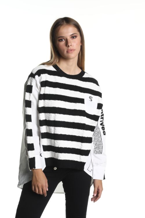 Black And White Stripe  Long Sleeves Wide Knit and Cotton Top CONTRIVED