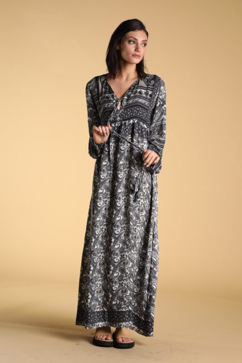 Gray Black And White Boho Style Mandala Maxi Dress SIMPLE