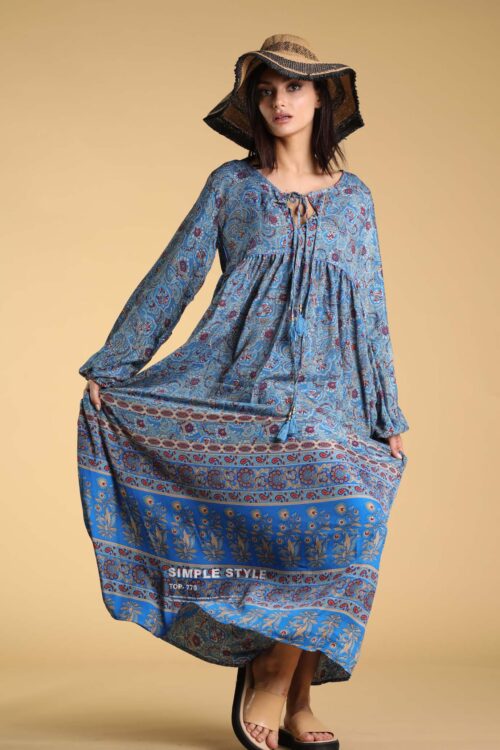 Burgundy And Blue Colors  Boho Style Mandala Maxi Dress SIMPLE