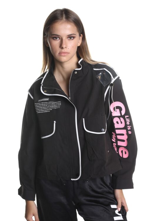 Black  Long Sleeves Pockets Jacket  SUPER