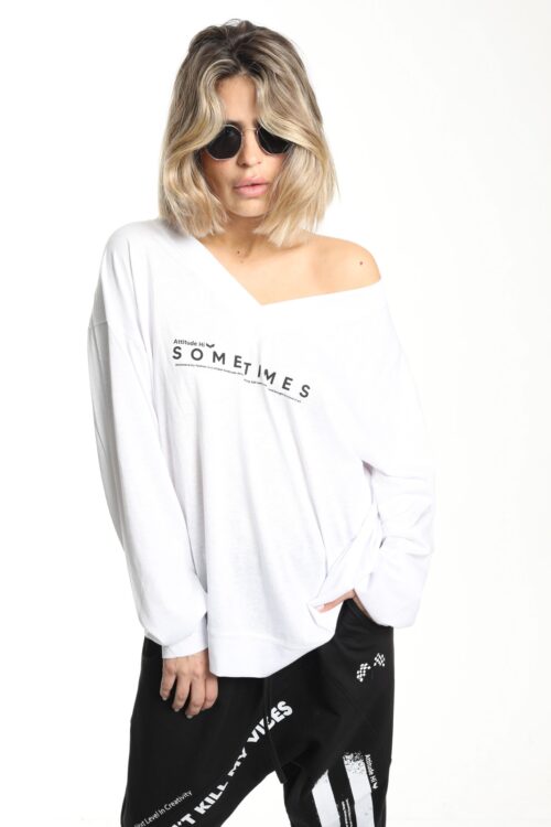 White Long Sleeve V Neckline Cotton  Shirt  SOMETIMES