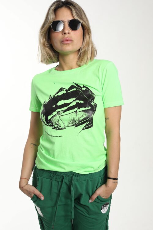 Short Sleeve Designed  Neon Green  T- Shirt LIPS