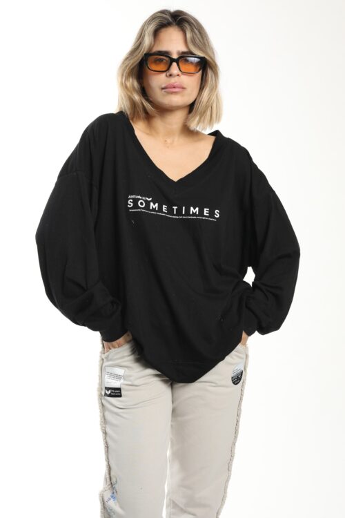 Black Long Sleeve V Neckline Cotton  Shirt  SOMETIMES
