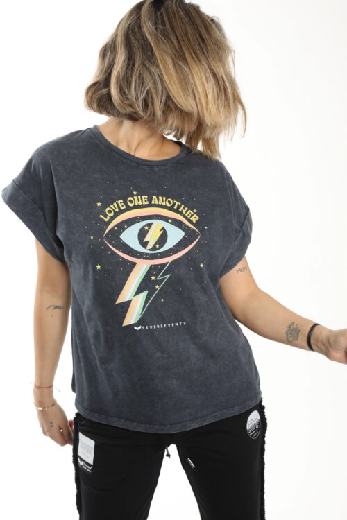 Short Sleeve Designed  Washed Gray T- Shirt LOVE