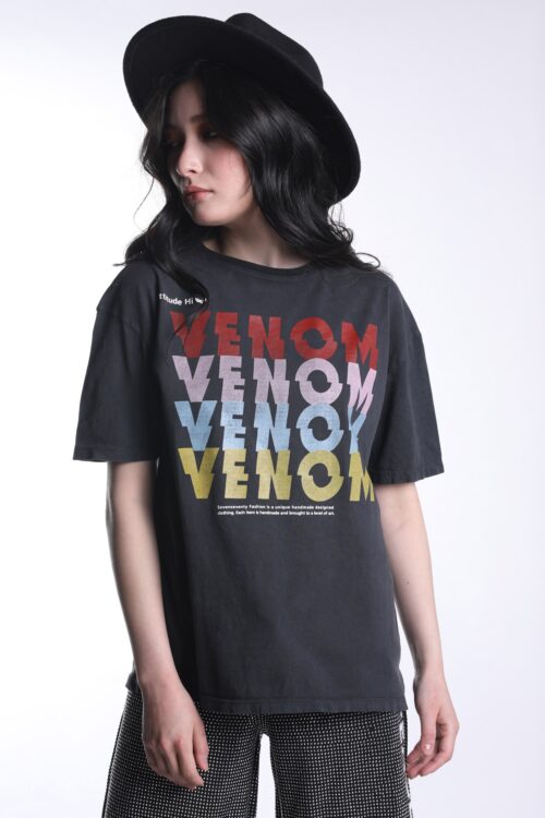Short Sleeve Designed  Washed Gray T- Shirt VENOM