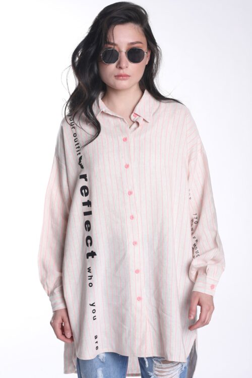 Beige With Pink Stripes  Buttoned Up Long Sleeves Top  REFLECT