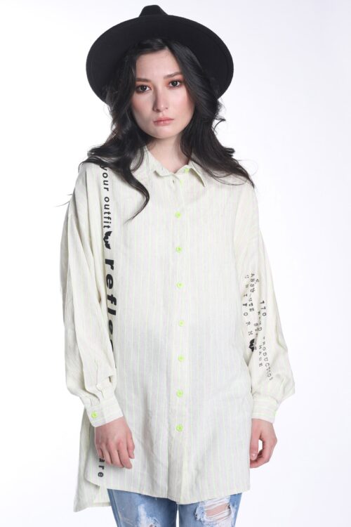 Beige With Green Stripes  Buttoned Up Long Sleeves Top  REFLECT