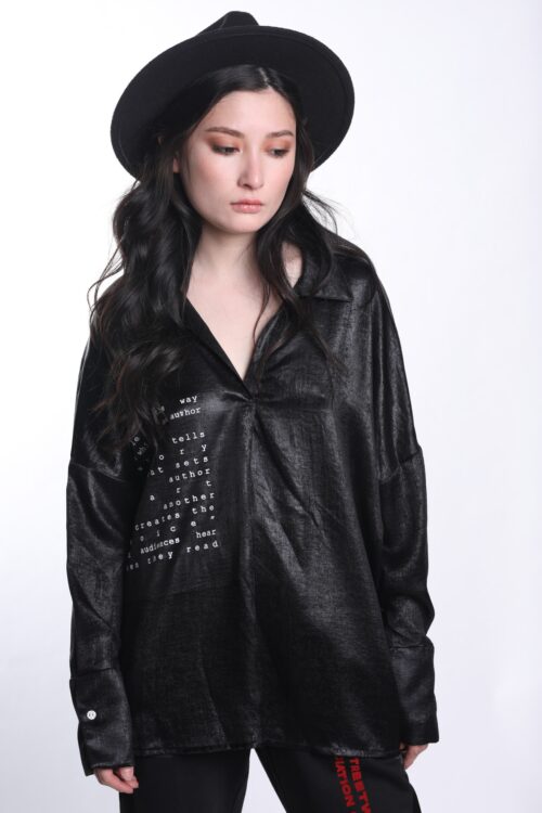 Methallic Black Satin Buttoned Up Long Sleeves Top WAY