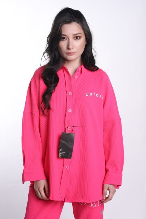 Pink Buttoned Up Long Sleeves Rib Top  COLORFUL