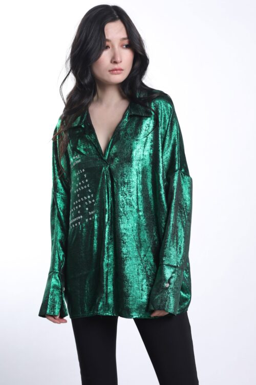 Methallic Green Satin Buttoned Up Long Sleeves Top WAY