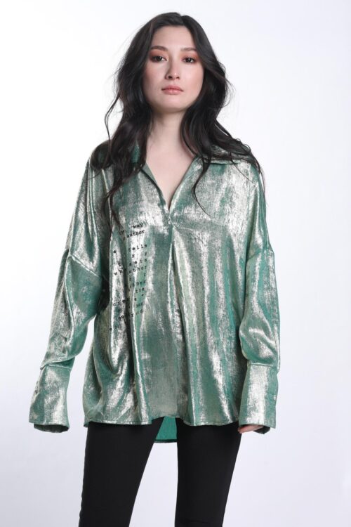 Methallic Mint Green Satin Buttoned Up Long Sleeves Top WAY