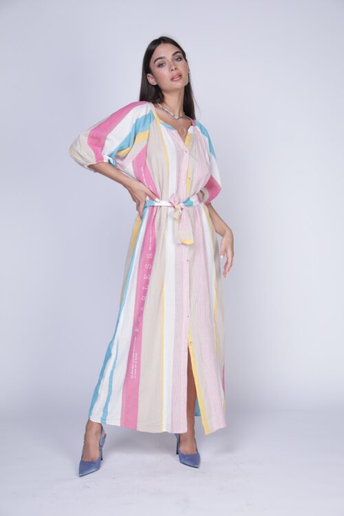 Pink Turquoise And Yellow Stripe  Bottoned Up Maxi Dress FEARLESS