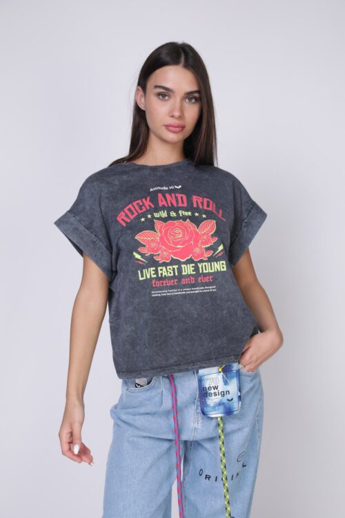  Designed  Washed Grey T- Shirt  ROCK