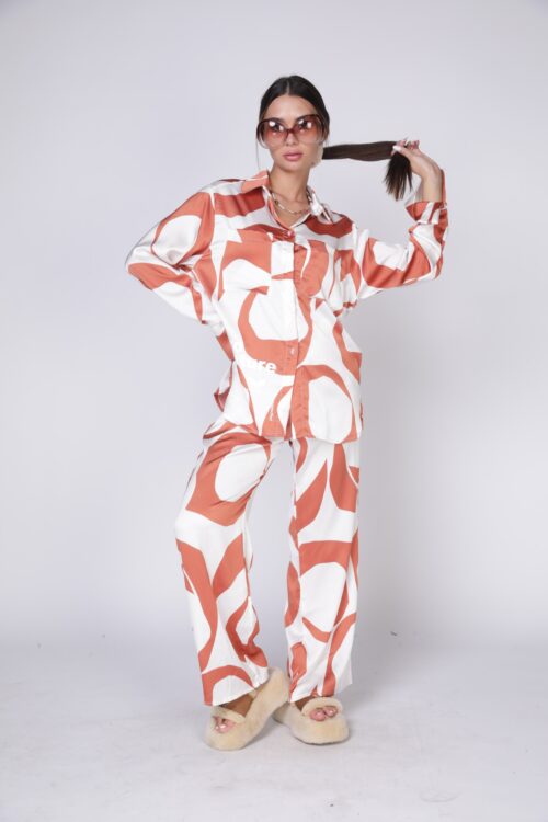 Two Piece  Satin Brown And White  Set  RETRO