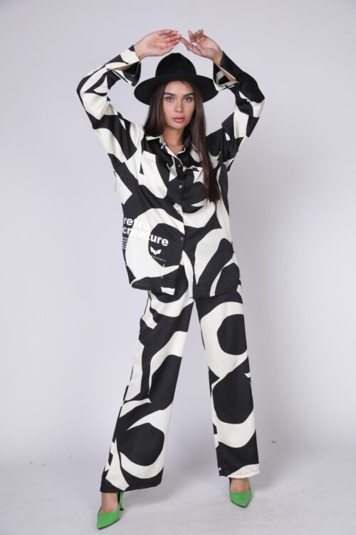 Two Piece  Satin Black And White  Set  RETRO