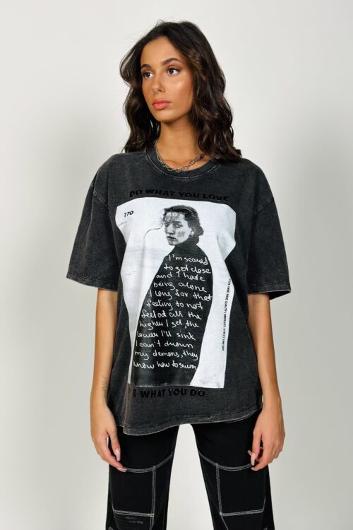  Designed Washed Black T- Shirt  LOVE