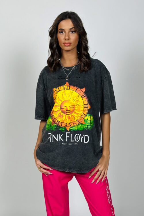  Designed Washed Black T- Shirt  PINK