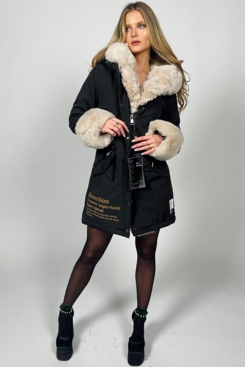  Designed  Midi Puffer Black  And Beige Coat  DIRECTION