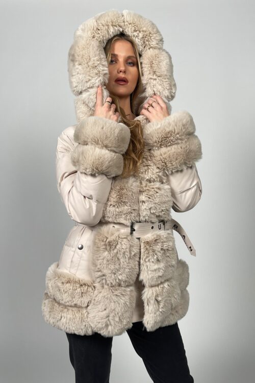  Designed  Midi Puffer  Beige Coat With Faux Fur  ALWAYS