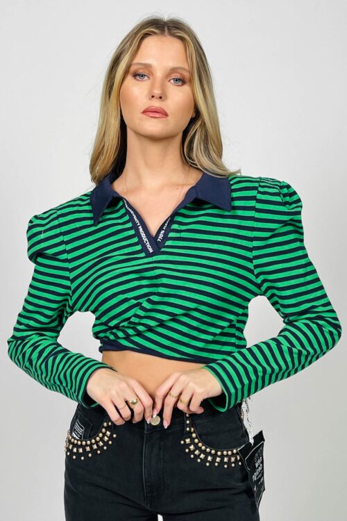 Green And Blue Stripe Long Sleeves Crop Top  PRODUCTION