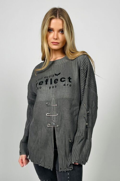Gray Oversize Long Sleeves Knit Tunic  Top REFLECT