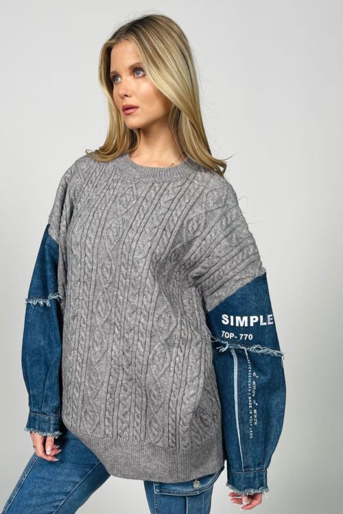 Gray Oversize Knit Top With Denim Sleeves  SIPMLE