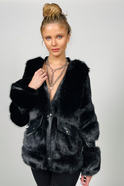  Designed Black Elegant Faux Fur And Faux Leather   Coat  NIGHT