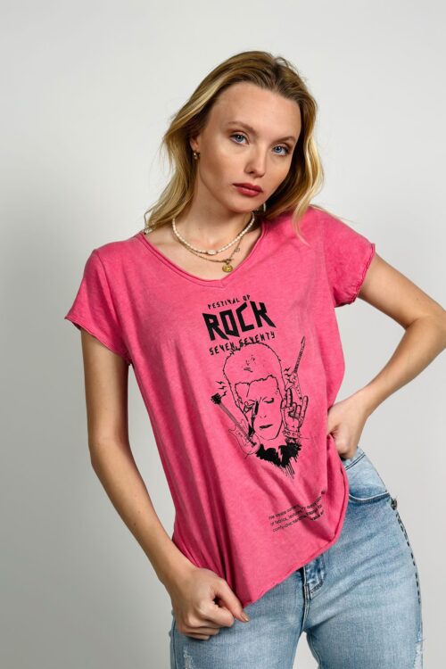 Washed Printed Basic T Shirt  ROCK