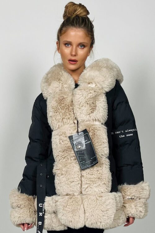  Designed  Midi Puffer  Black and Beige Coat With Faux Fur  ALWAYS