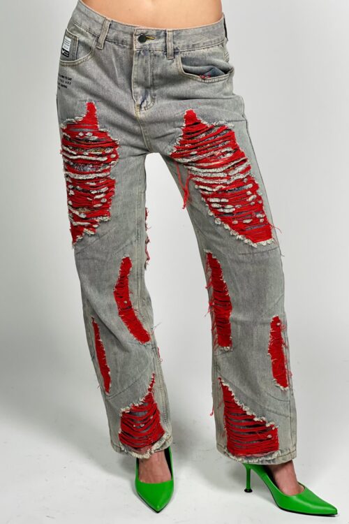 Washed Grey and red denim jeans STYLE