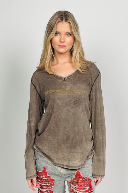 Washed  Brown Long Sleeves Basic Top  RECONSTRUCTED