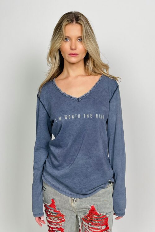 Washed  Blue Long Sleeves Basic Top  RISK