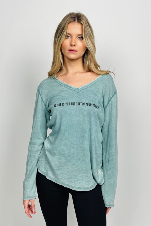 Washed  Turquoise Long Sleeves Basic Top  POWER