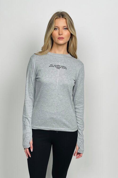 Gray Long Sleeves Basic Cotton Top  STREET