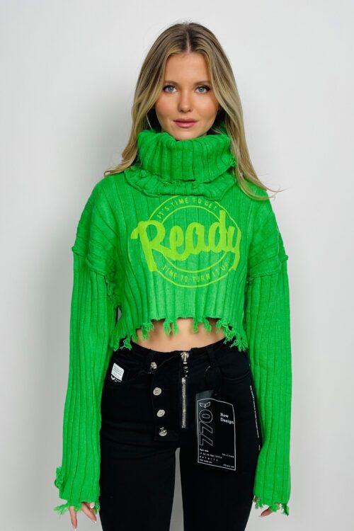 Green Long Sleeves Knit Crop Top  READY