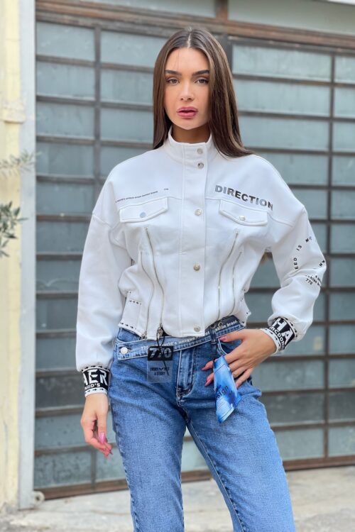 White Long Sleeves Zippers Jacket  DIRECTION