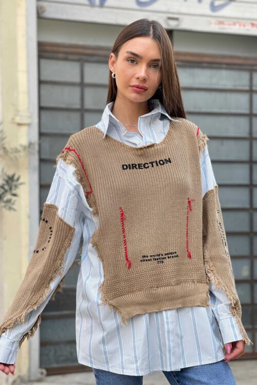 Light Blue White and Brown Long Sleeves Wide Knit and Cotton Top DIRECTION
