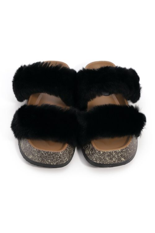 Black Faux Fur Designed Slides SEVEN