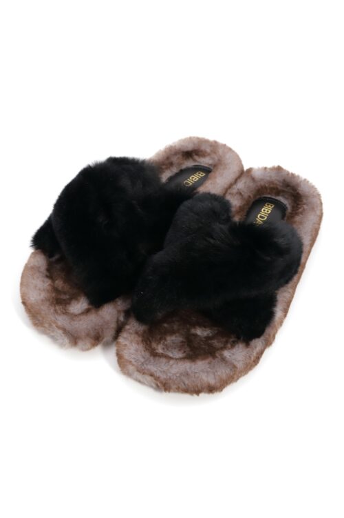 Beige And Black Faux Fur  Designed Slides SEVEN