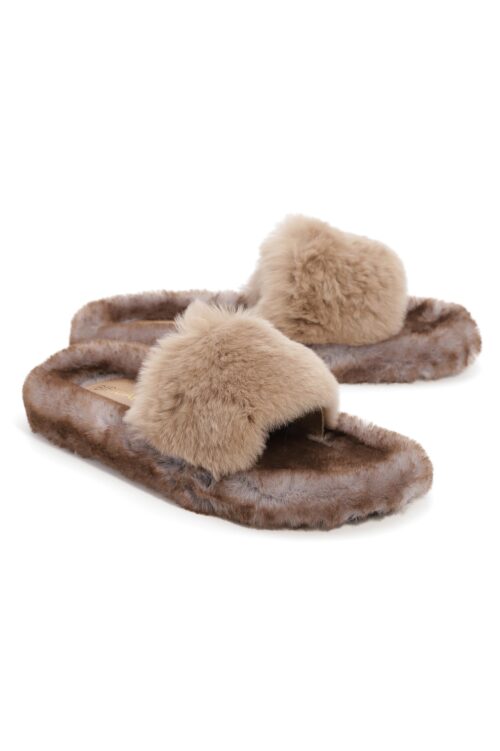Beige And Brown Faux Fur Designed Slides SEVEN