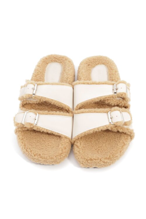 Beige And Ivory Faux Fur  Designed Slides SEVEN