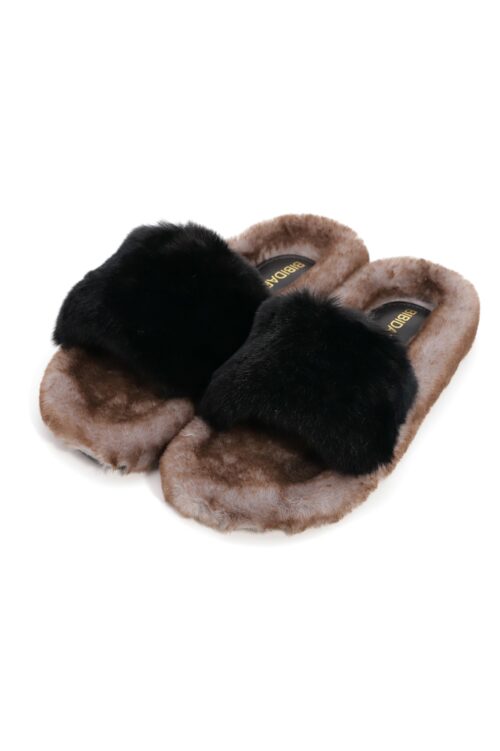 Black And Brown Faux Fur Designed Slides SEVEN