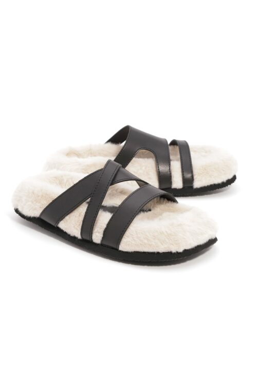 Beige And Ivory Faux Fur  Designed Slides SEVEN