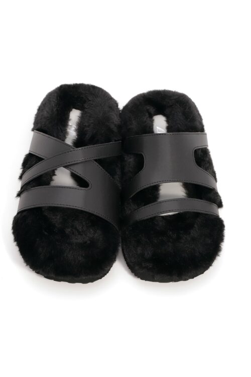 Black Faux Fur  And Faux Leather Designed Slides SEVEN