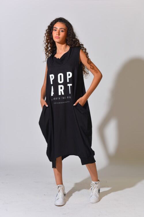 Black Wide Cut Midi Cotton Dress ART