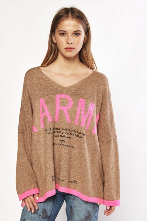 Brown And  Pink Long Sleeves Oversize Knit Top PLANET